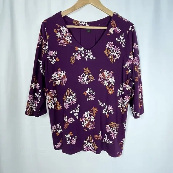 J Jill Wearever Collection Women V-neck Size L Floral Print Purple Top - Picture 1 of 8